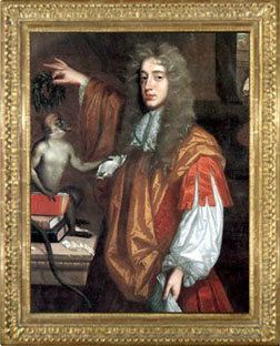 Portrait of John Wilmot, 2nd Earl of Rochester, crowning his monkey with bays.