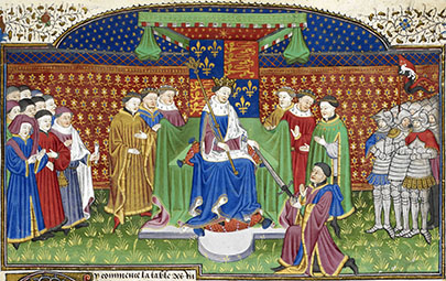 Henry VI enthroned, giving John Talbot the sword of Marshal of France (1536).
John Stafford is likely the figure on the left, with the Lord Chancellor's purse and staff. The Talbot Shrewsbury Book, 1445. British Library Royal MS 15 E VI, f. 405r.
